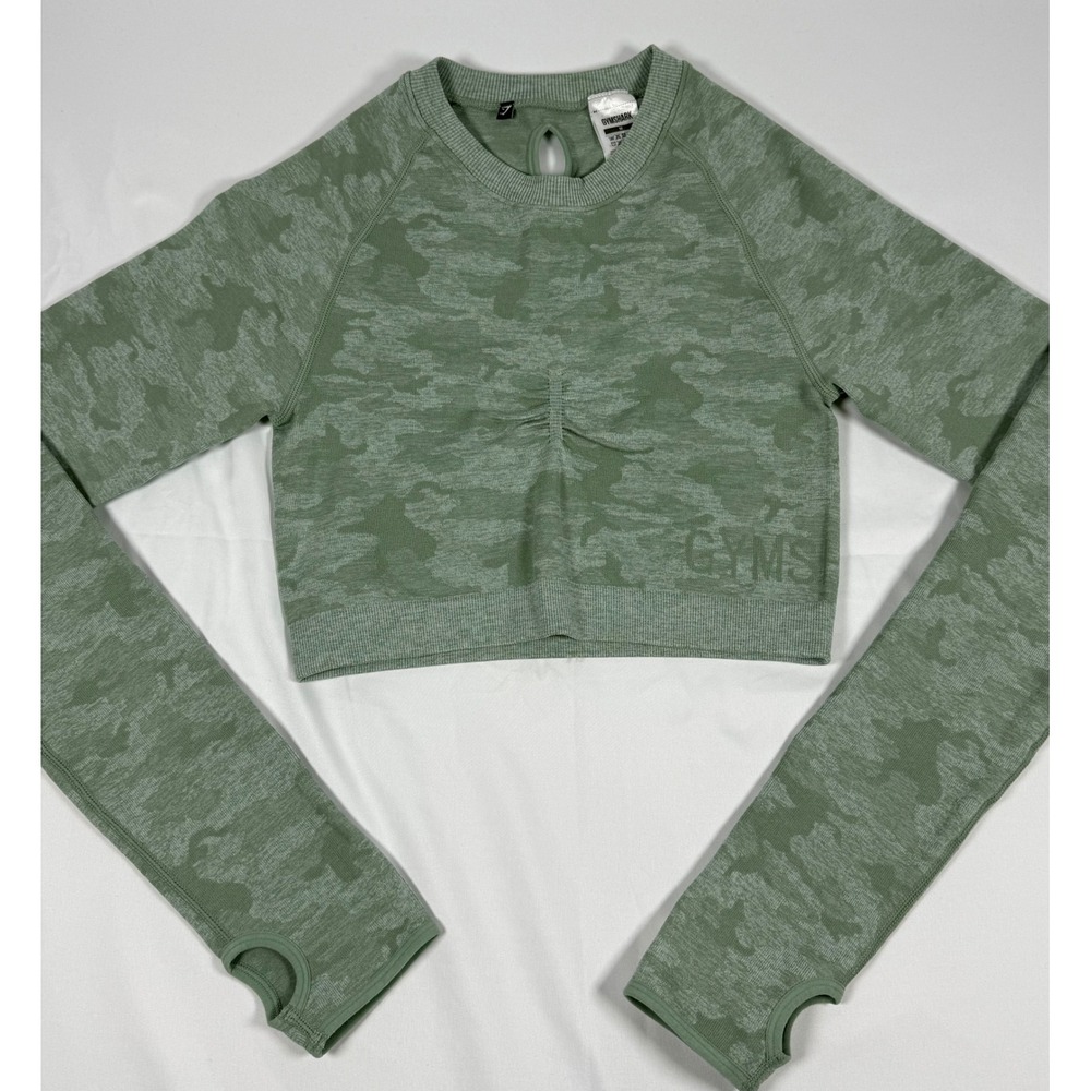 Gymshark Camo Seamless Long Sleeve Crop Top Sage Green GLCT1855 Size M